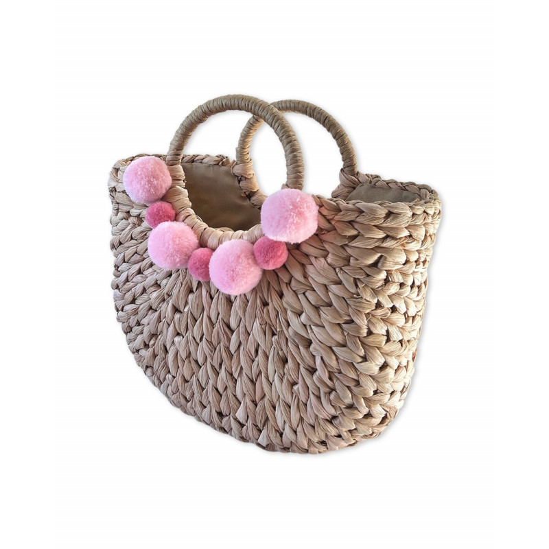 Straw Clutch Bags French Baskets Pompom Pink