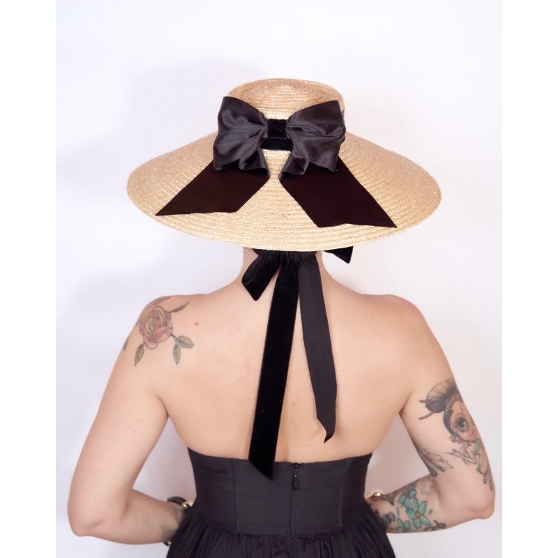 Hepburn straw silky hat black – wide-brim straw hat with black silk ribbon