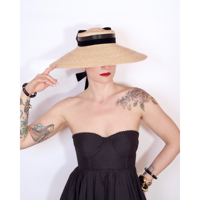 Hepburn straw silky hat black – wide-brim straw hat with black silk ribbon